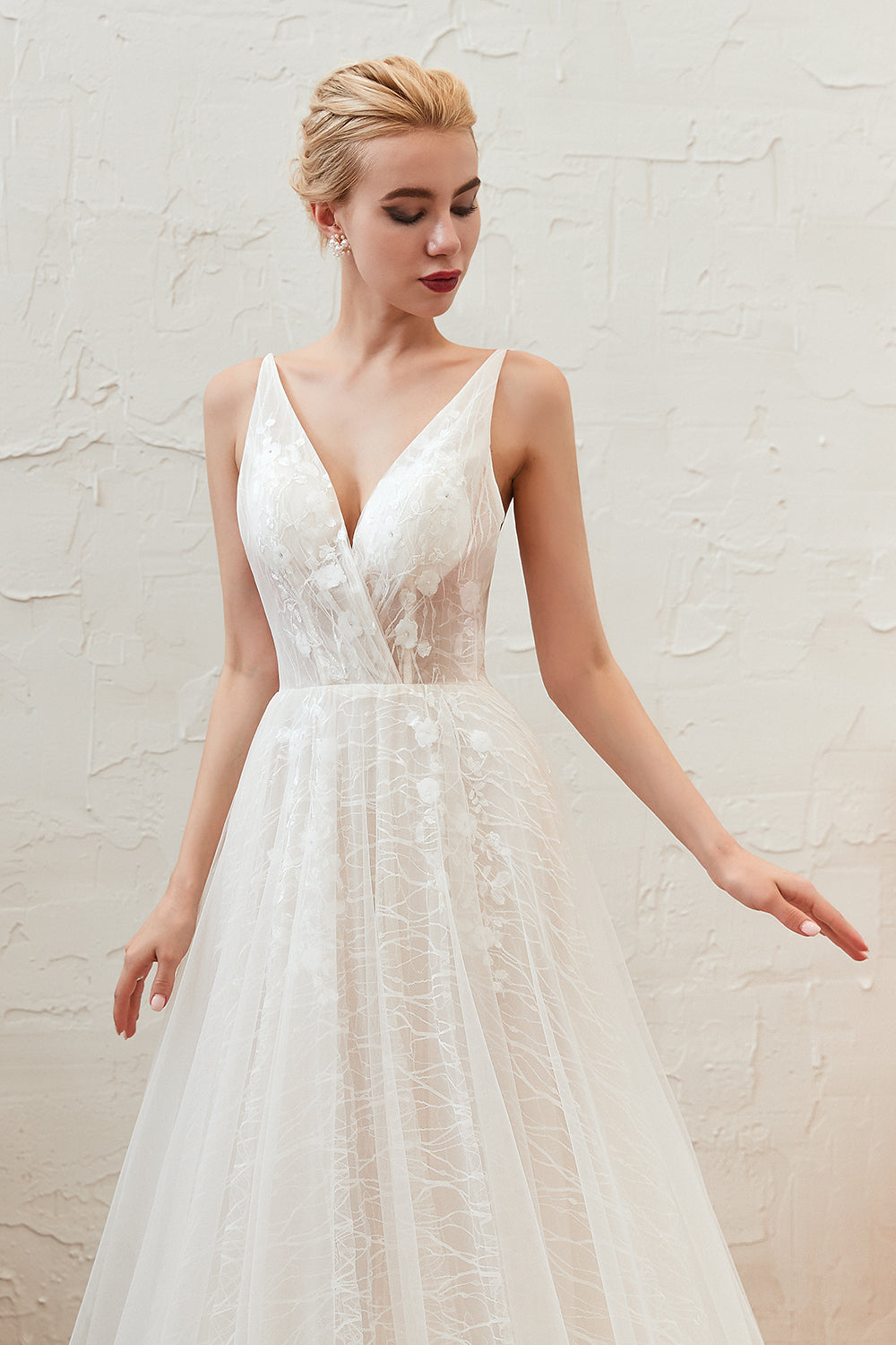 Classy A-Line Wedding Dress With Deep V-neck, Open Back and Lace Tulle Floor-length-BallBride