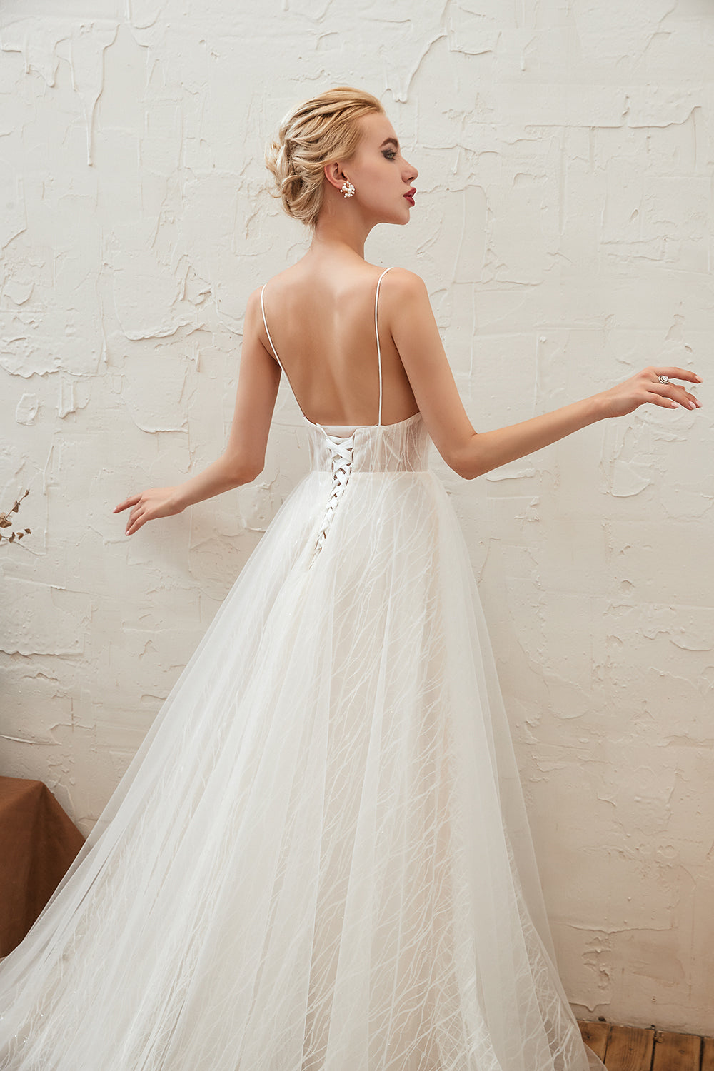 Classy A-Line Wedding Dress With Deep V-neck, Open Back and Lace Tulle Floor-length-BallBride
