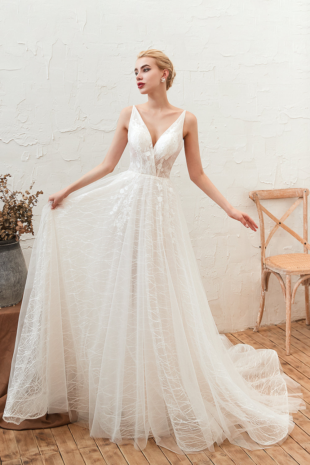 Classy A-Line Wedding Dress With Deep V-neck, Open Back and Lace Tulle Floor-length-BallBride