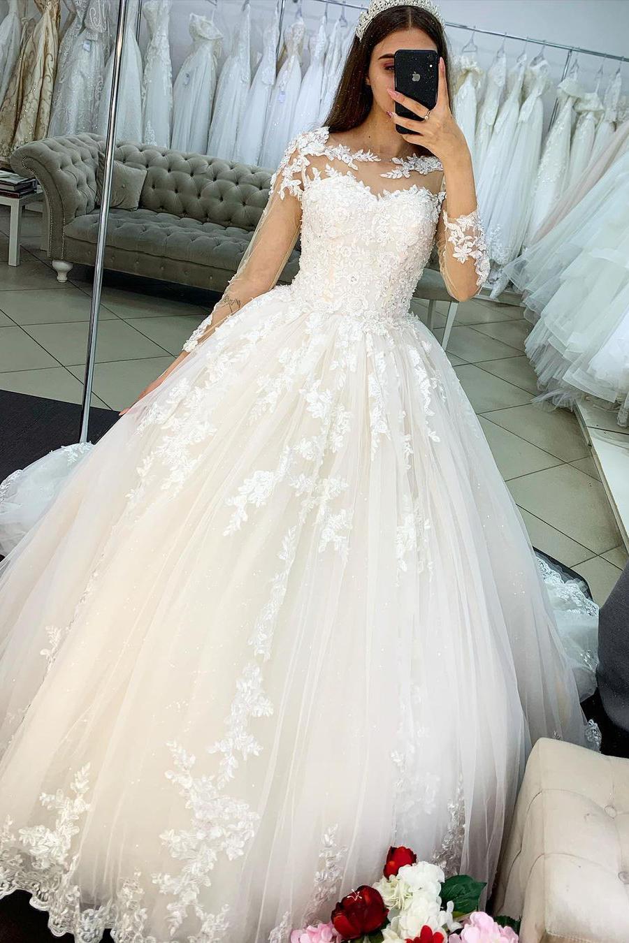 Classy Bateau Long Sleeve Princess Wedding Dress with Appliques and Lace Tulle-BallBride