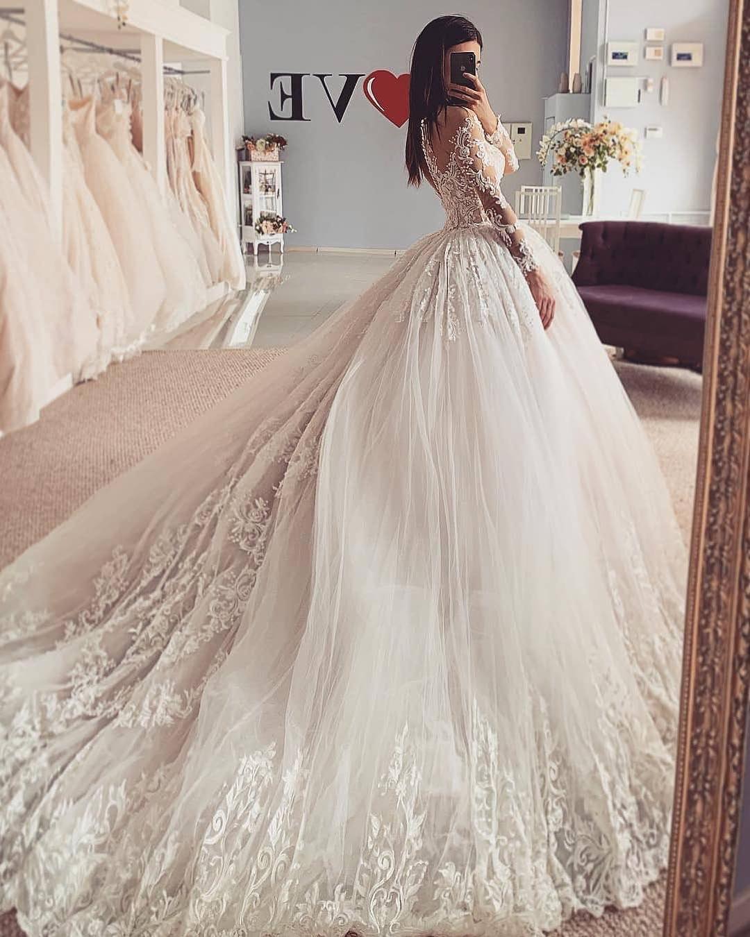 Classy Bateau Long Sleeves A-Line Floor-length Tulle Wedding Dress With Appliques Lace-BallBride