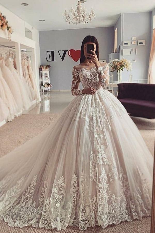 Classy Bateau Long Sleeves A-Line Floor-length Tulle Wedding Dress With Appliques Lace-BallBride