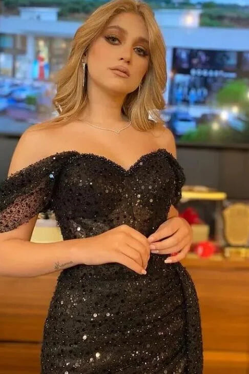 Classy Black Off-the-Shoulder Sequins Evening Dress Slit Long With Ruffle-BallBride