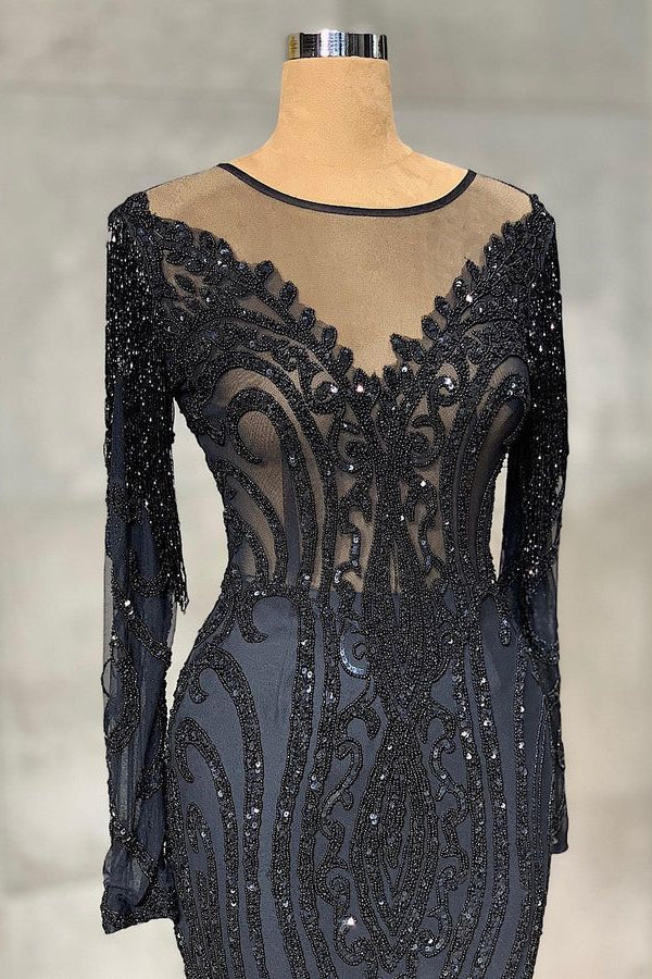 Classy Dark Navy Mermaid Evening Dress with Sequins & Beads-BallBride