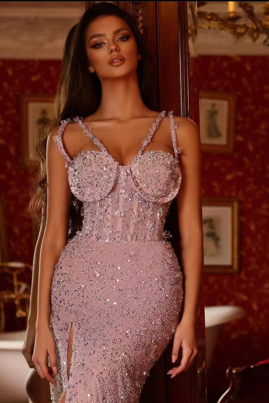 Classy Dusty Pink Mermaid Evening Dress with Sequins Beads and Long Split-BallBride