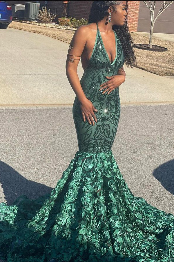 Classy Green V-Neck Sleeveless Prom Dress with Sequins and Flowers Bottom-BallBride