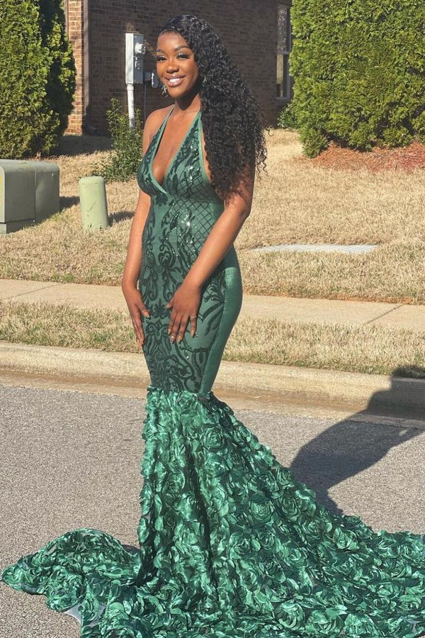 Classy Green V-Neck Sleeveless Prom Dress with Sequins and Flowers Bottom-BallBride