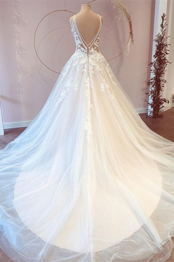 Classy Long Princess Sweetheart Lace Wedding Dress With Tulle Appliques-BallBride