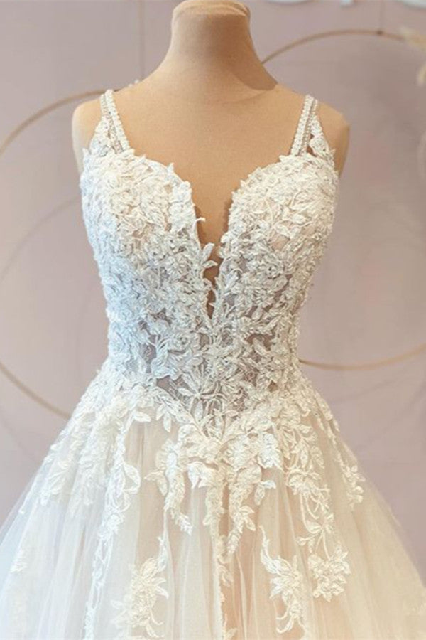 Classy Long Princess Sweetheart Lace Wedding Dress With Tulle Appliques-BallBride