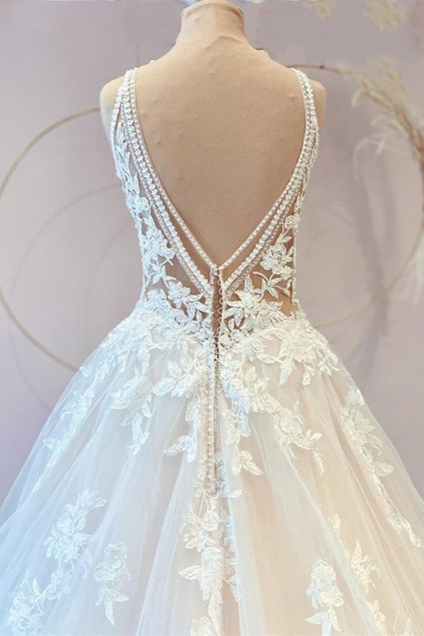 Classy Long Princess Sweetheart Lace Wedding Dress With Tulle Appliques-BallBride