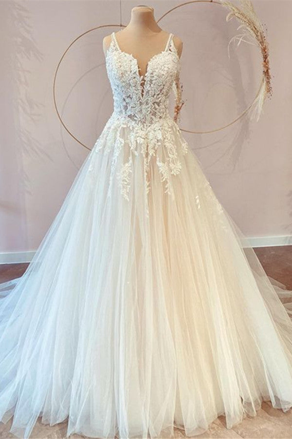 Classy Long Princess Sweetheart Lace Wedding Dress With Tulle Appliques-BallBride