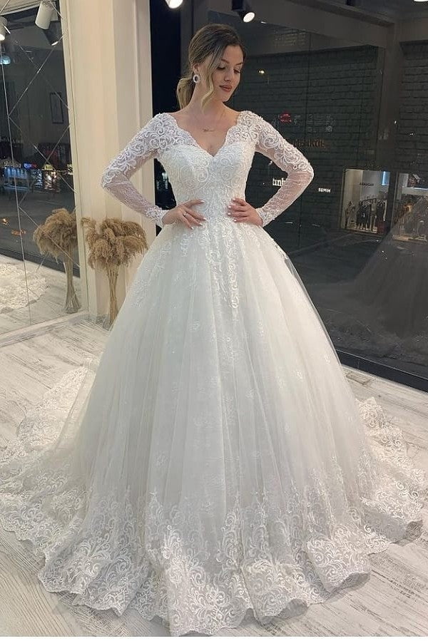 Classy Long Sleeve V-neck A-Line Wedding Dress With Backless Tulle and Appliques Lace-BallBride