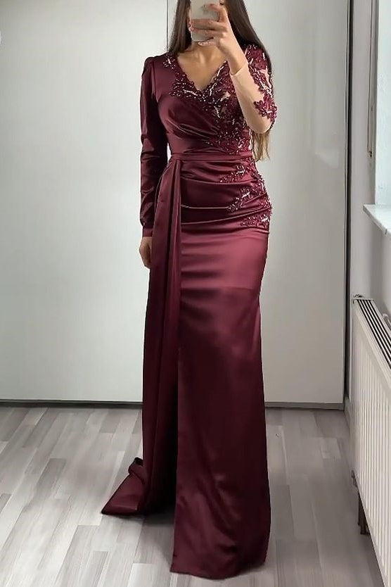 Classy Long Sleeves Mermaid Prom Dress with Appliques Beadings & Ruffles-BallBride