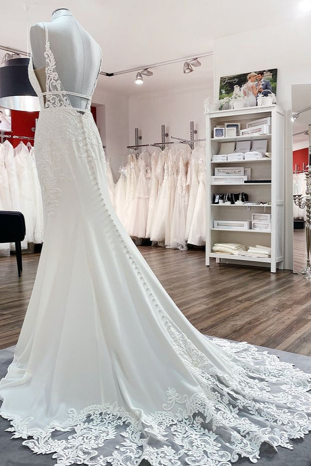 Classy Long V-neck Satin Wedding Dress with Lace Appliques-BallBride