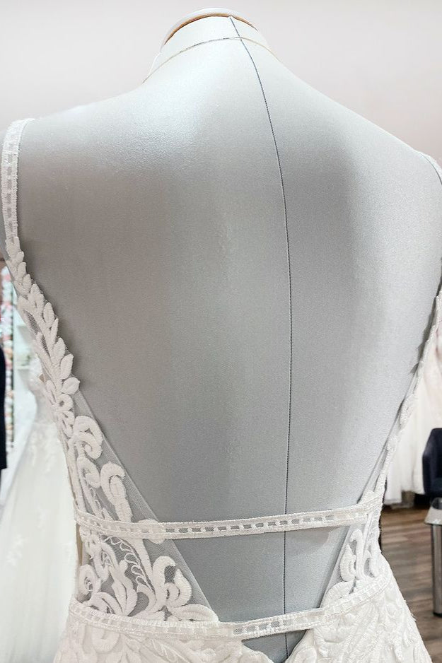 Classy Long V-neck Satin Wedding Dress with Lace Appliques-BallBride