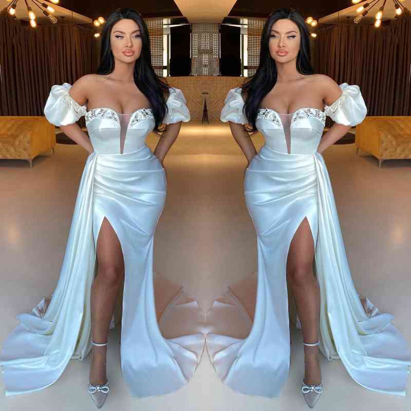 Classy Off-the-Shoulder Beaded White Prom Dress with Mermaid Slit Pleats-BallBride