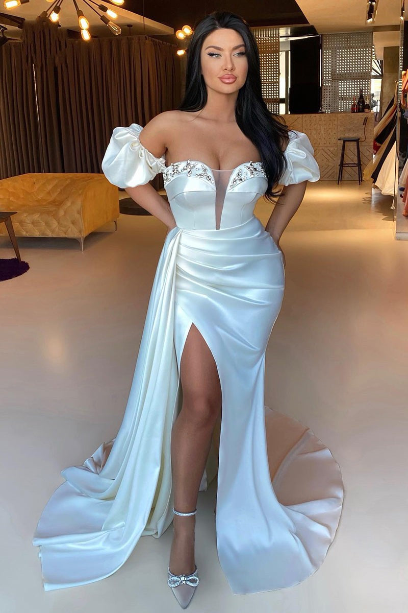 Classy Off-the-Shoulder Beaded White Prom Dress with Mermaid Slit Pleats-BallBride