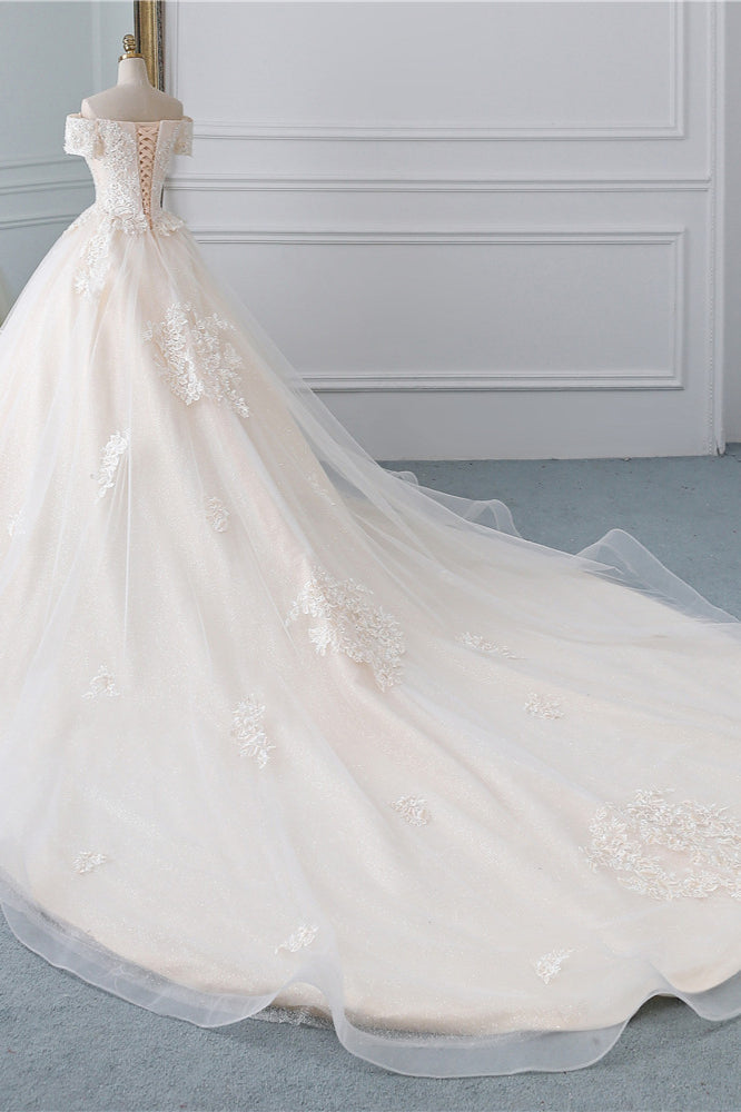 Classy Off-the-Shoulder Wedding Dress With Lace Appliques-BallBride