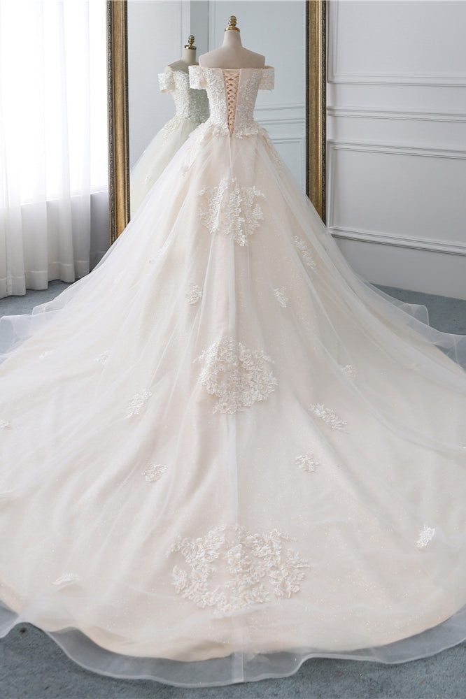 Classy Off-the-Shoulder Wedding Dress With Lace Appliques-BallBride