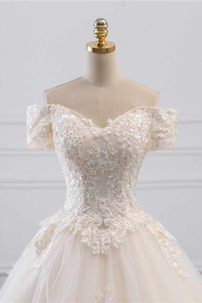 Classy Off-the-Shoulder Wedding Dress With Lace Appliques-BallBride