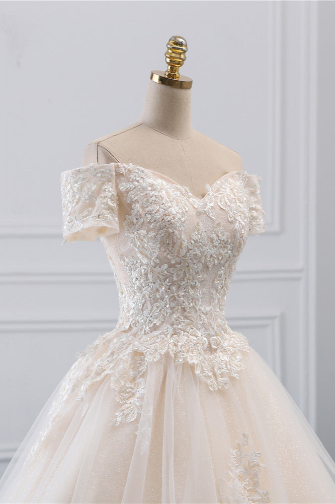 Classy Off-the-Shoulder Wedding Dress With Lace Appliques-BallBride