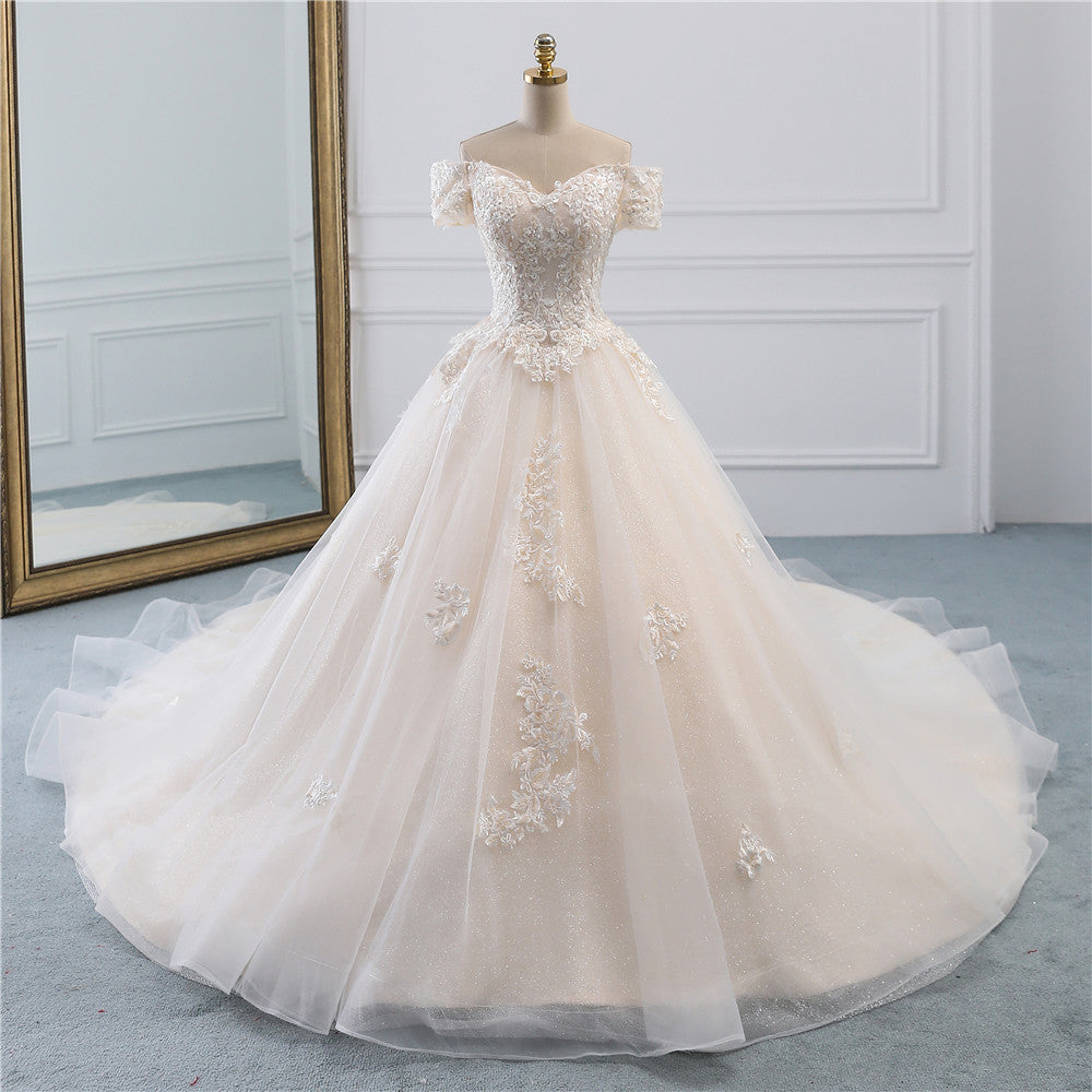 Classy Off-the-Shoulder Wedding Dress With Lace Appliques-BallBride