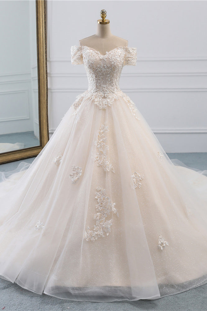 Classy Off-the-Shoulder Wedding Dress With Lace Appliques-BallBride