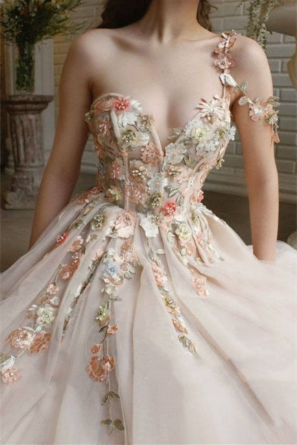 Classy One Shoulder Prom Dress in Tulle with Flowers Split-BallBride