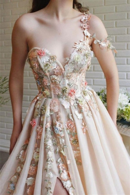 Classy One Shoulder Prom Dress in Tulle with Flowers Split-BallBride
