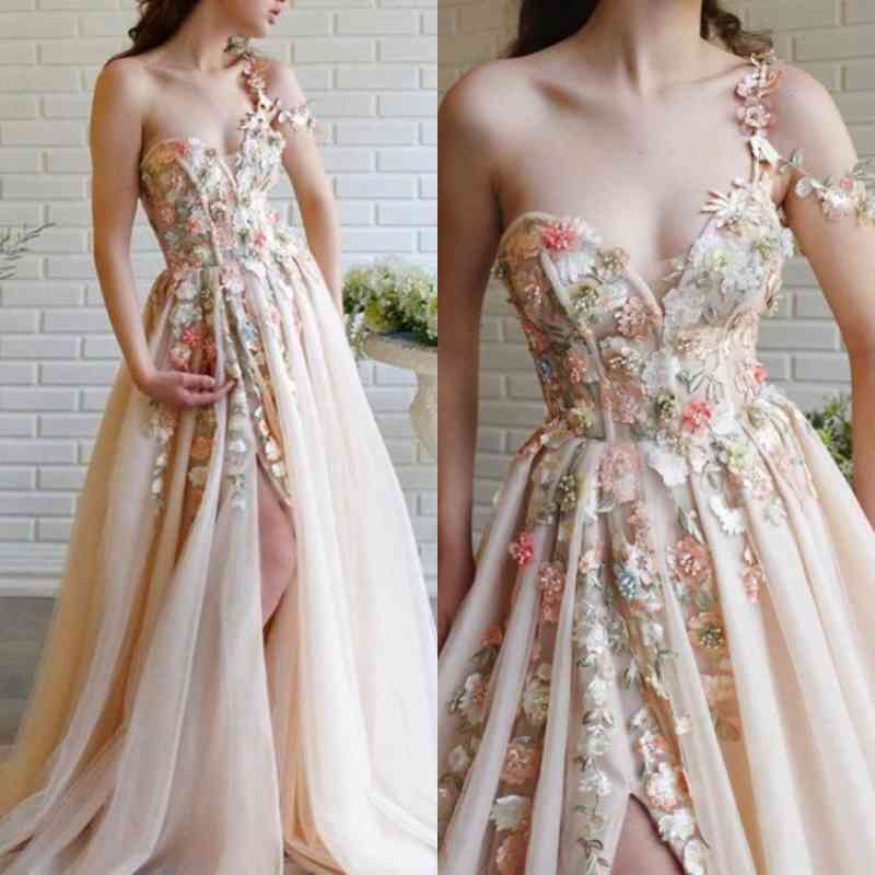 Classy One Shoulder Prom Dress in Tulle with Flowers Split-BallBride