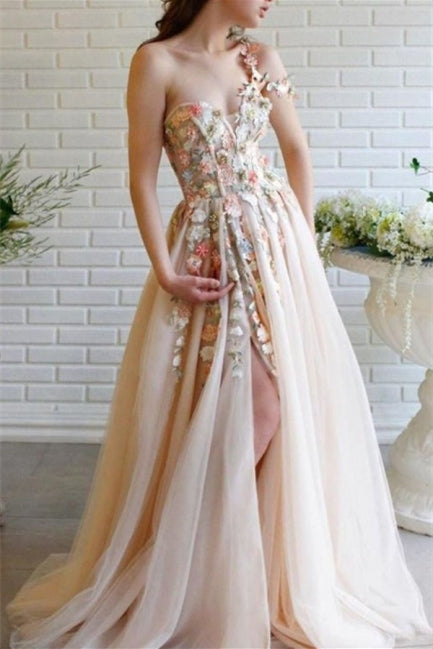 Classy One Shoulder Prom Dress in Tulle with Flowers Split-BallBride
