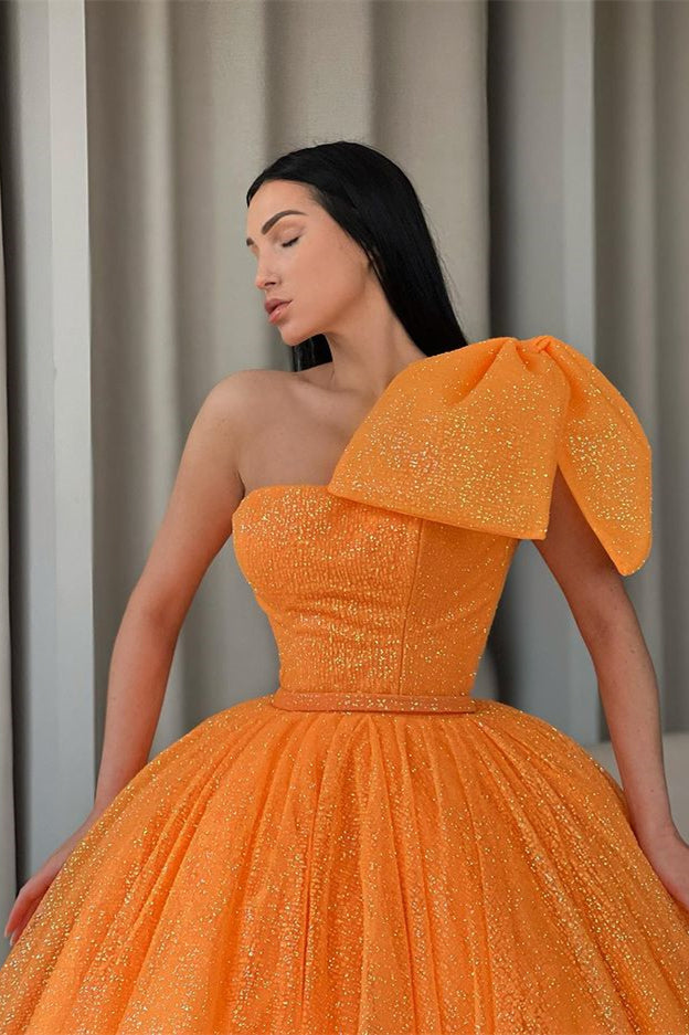 Classy Orange Sequins One Shoulder Ball Gown Prom Dress with Bowknot-BallBride