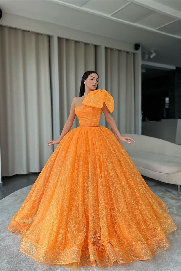 Classy Orange Sequins One Shoulder Ball Gown Prom Dress with Bowknot-BallBride