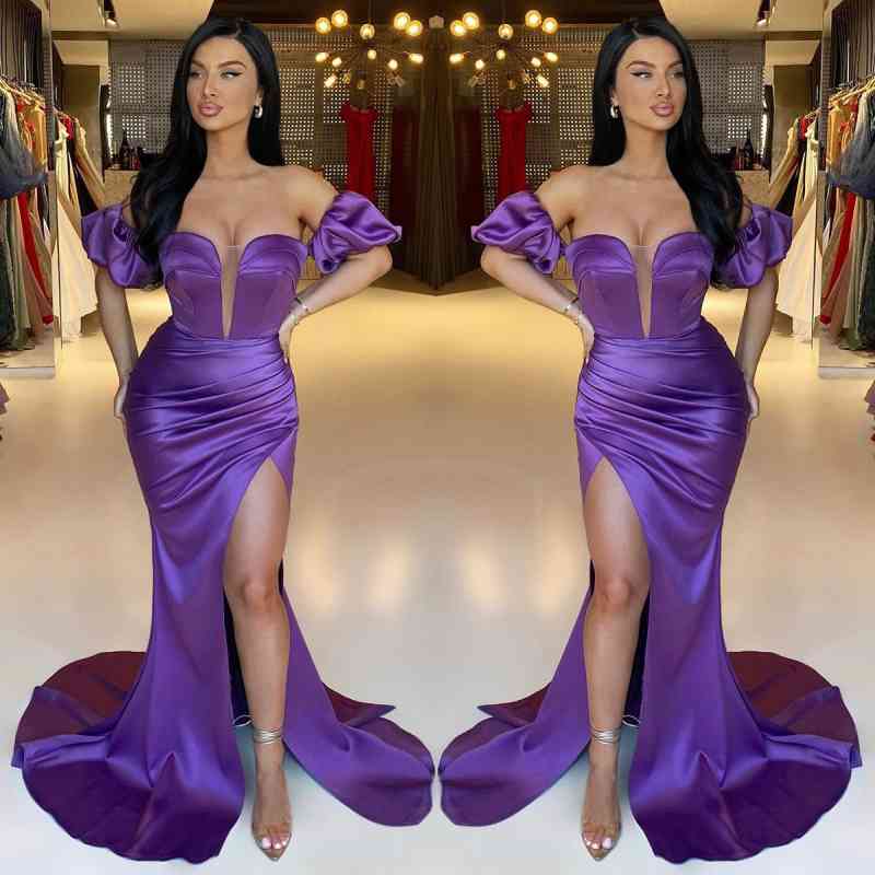 Classy Purple Off-the-Shoulder Prom Dress with Mermaid Slit & Pleats-BallBride
