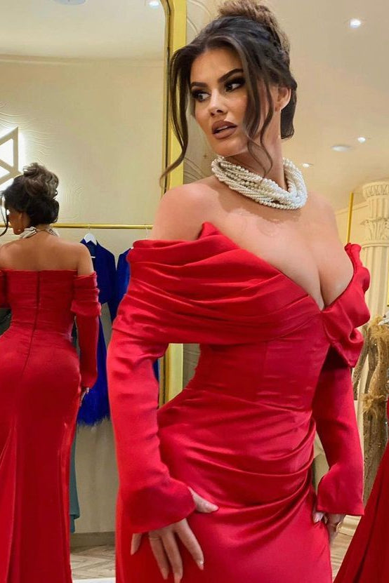 Classy Red Mermaid Prom Dress with Long Sleeves, Off-the-Shoulder, and Slit-BallBride