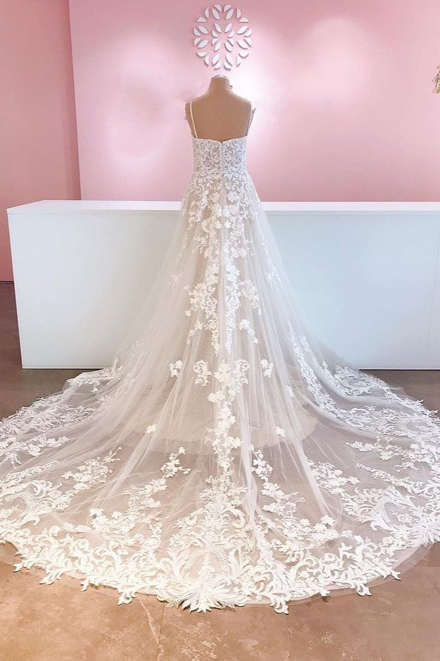 Classy Spaghetti Straps A-Line Tulle Backless Wedding Dress With Appliques Lace-BallBride