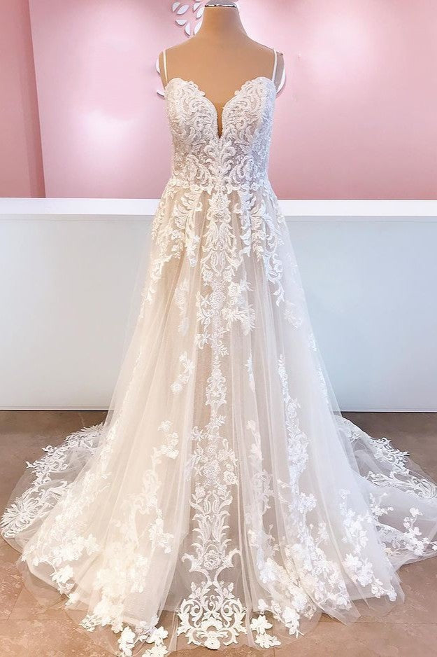 Classy Spaghetti Straps A-Line Tulle Backless Wedding Dress With Appliques Lace-BallBride