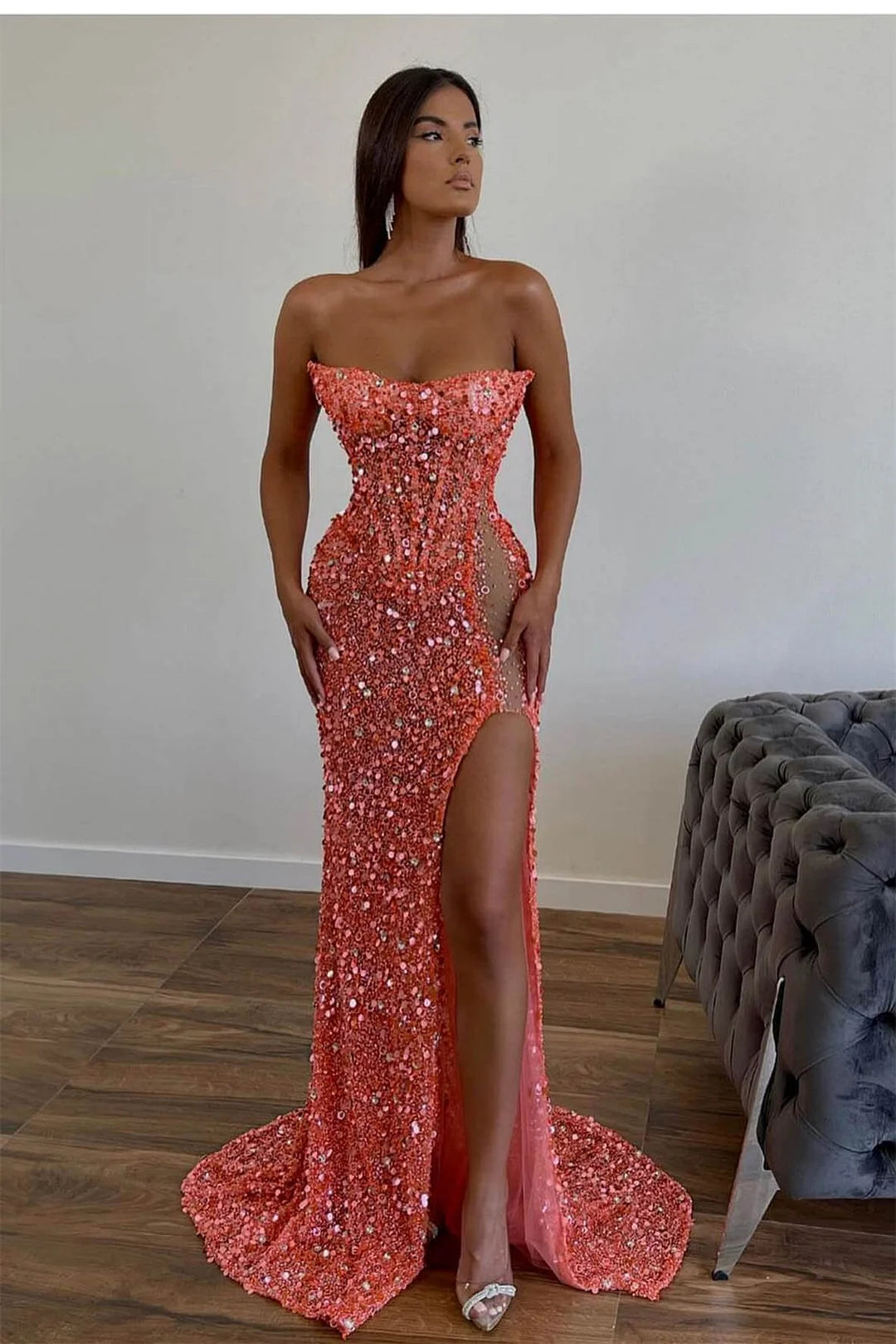 Classy Strapless Sequins Mermaid Evening Dress Long Split Online-BallBride