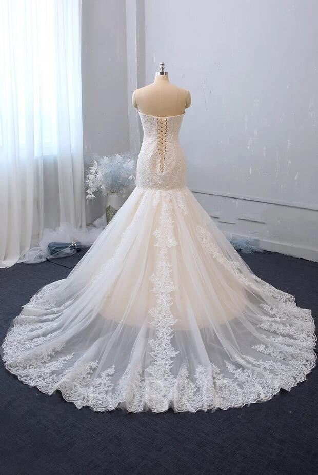 Classy Sweetheart Backless Tulle Long Mermaid Wedding Dress With Appliques Lace-BallBride