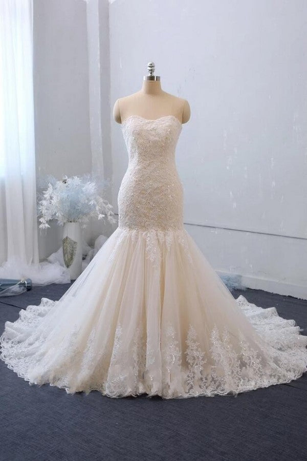 Classy Sweetheart Backless Tulle Long Mermaid Wedding Dress With Appliques Lace-BallBride