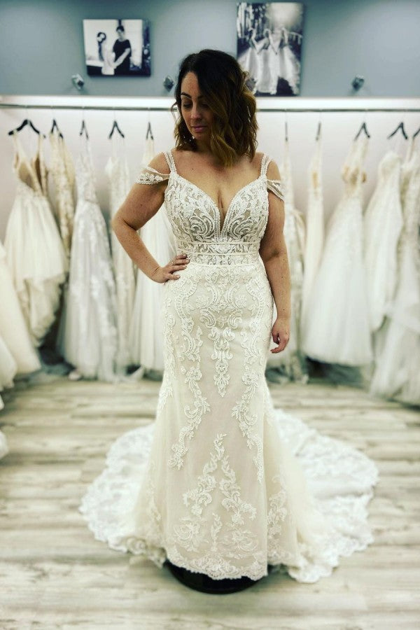 Classy Sweetheart Spaghetti Straps Lace Mermaid Wedding Dress With Appliques Floor-length-BallBride