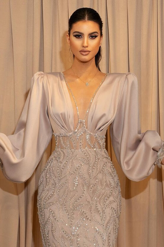 Classy V-Neck Evening Dress with Long Sleeves and Beadings-BallBride