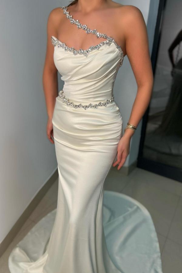 Classy White Beaded Mermaid Prom Dress Long-BallBride