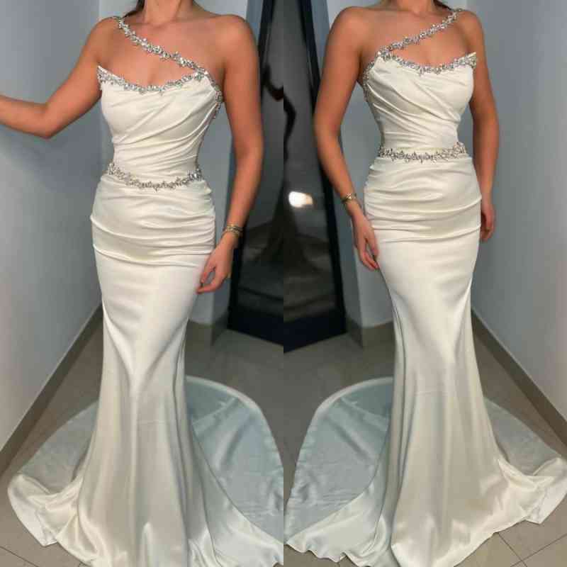 Classy White Beaded Mermaid Prom Dress Long-BallBride