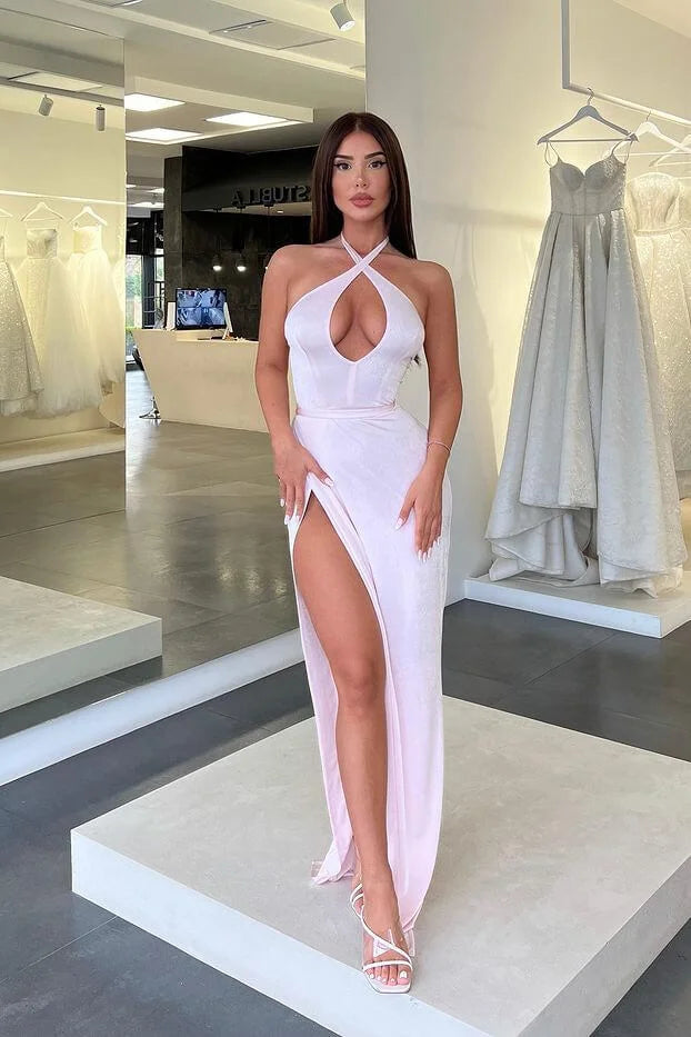 Classy White Halter Sleeveless Evening Dress Keyhole Split Long-BallBride