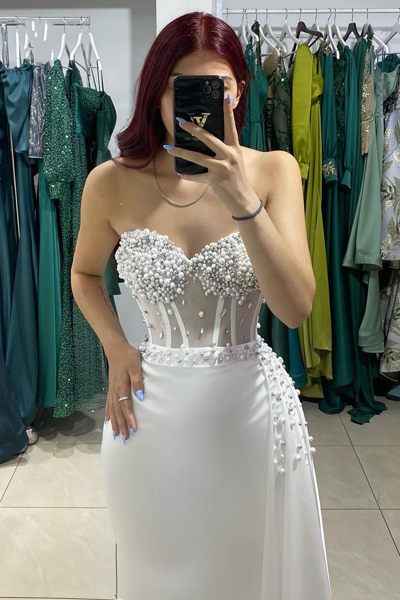 Classy White Sweetheart Mermaid Prom Dress With Ruffles and Pearls-BallBride