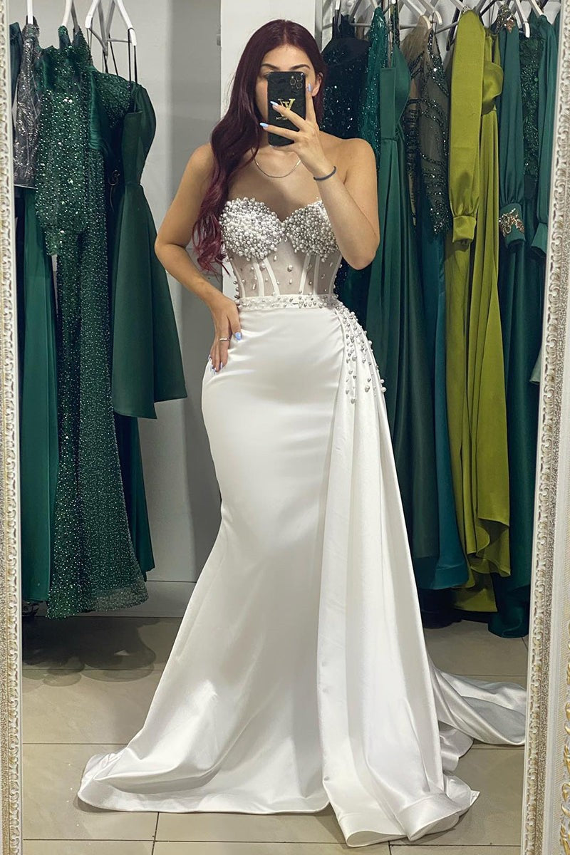 Classy White Sweetheart Mermaid Prom Dress With Ruffles and Pearls-BallBride
