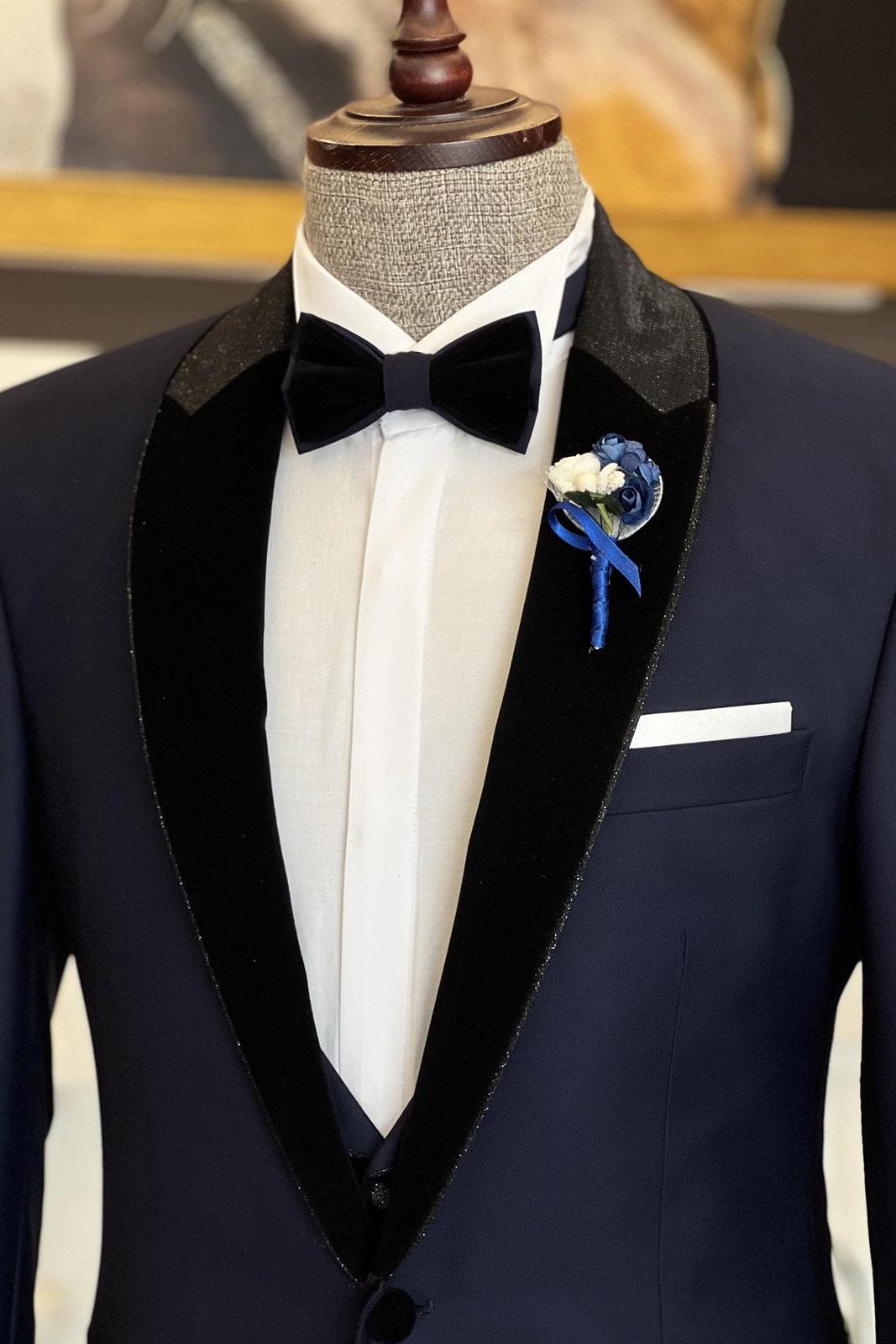 Clement Three Piece Men's Suit with Splicing Shawl Lapel in Newest Dark Blue-BallBride