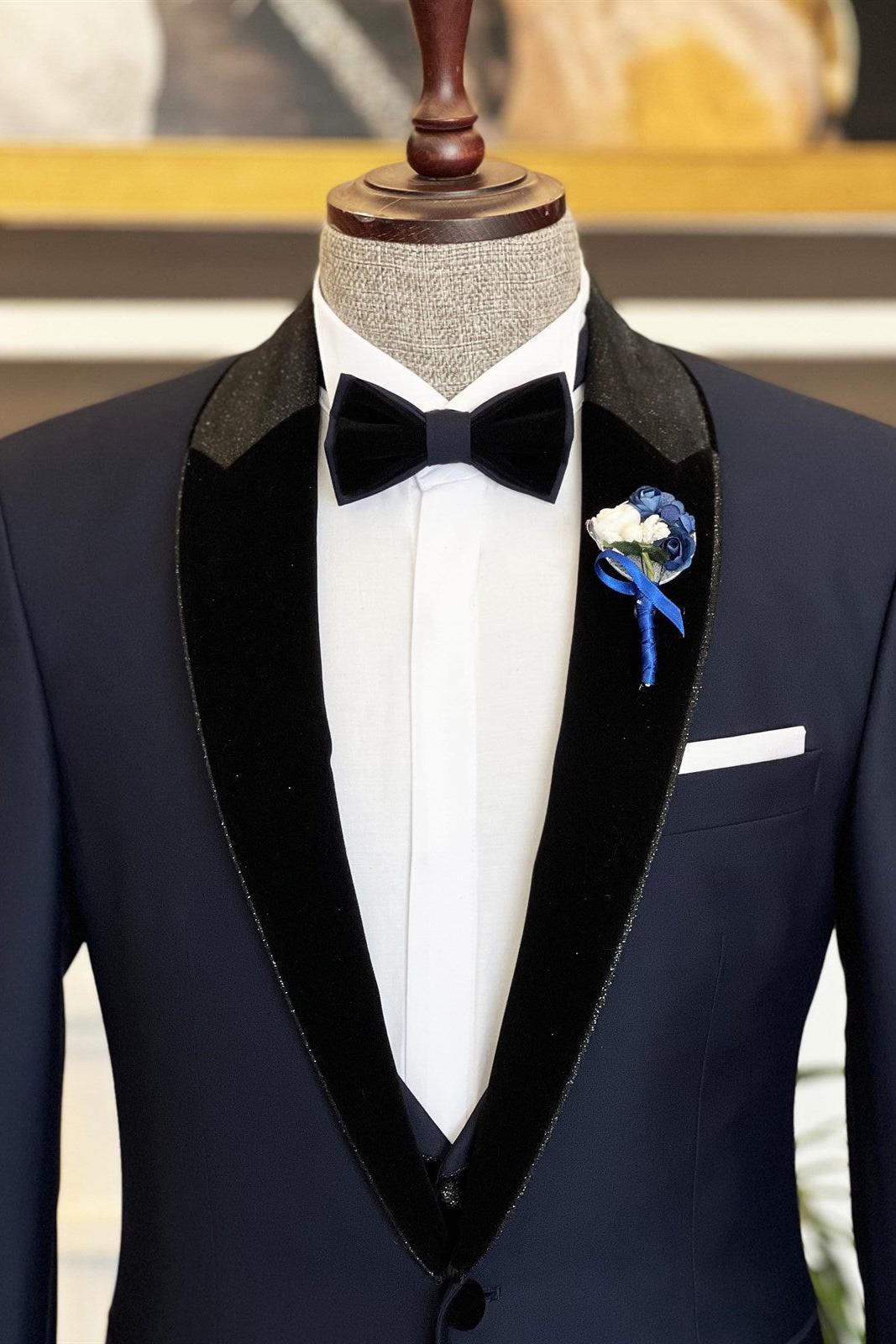 Clement Three Piece Men's Suit with Splicing Shawl Lapel in Newest Dark Blue-BallBride