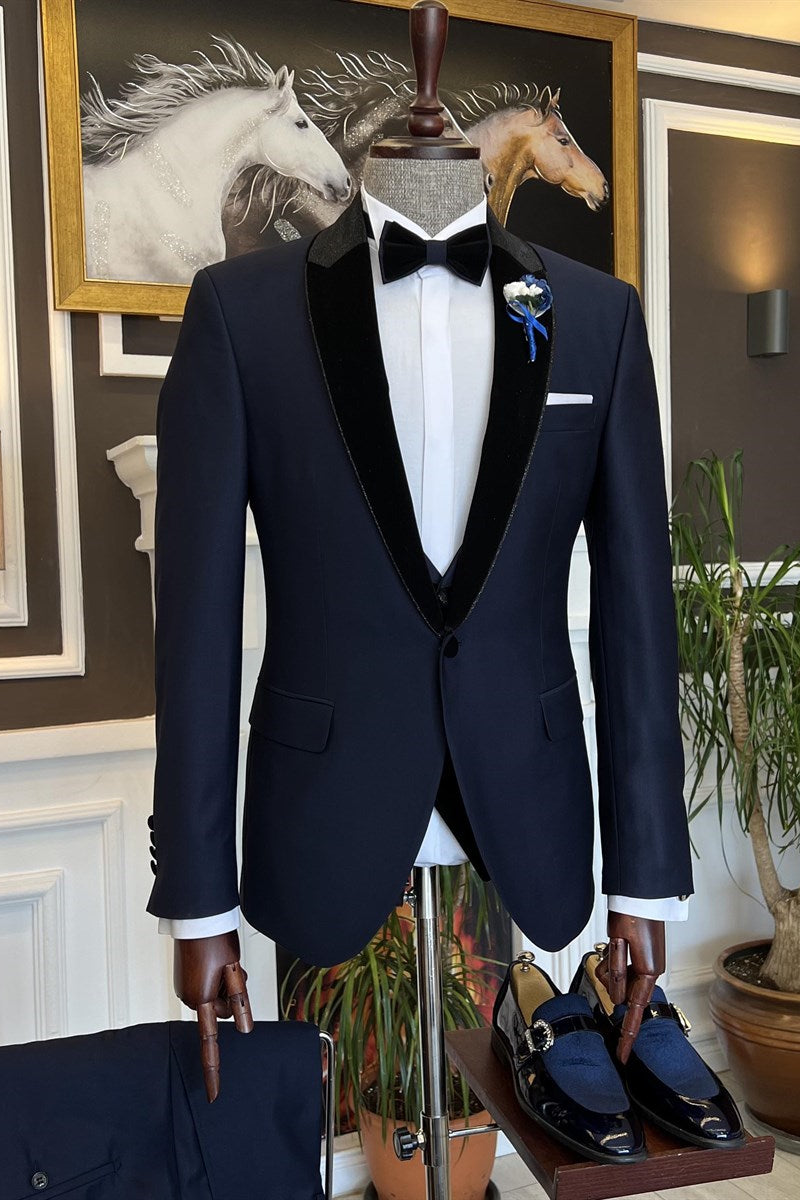 Clement Three Piece Men's Suit with Splicing Shawl Lapel in Newest Dark Blue-BallBride